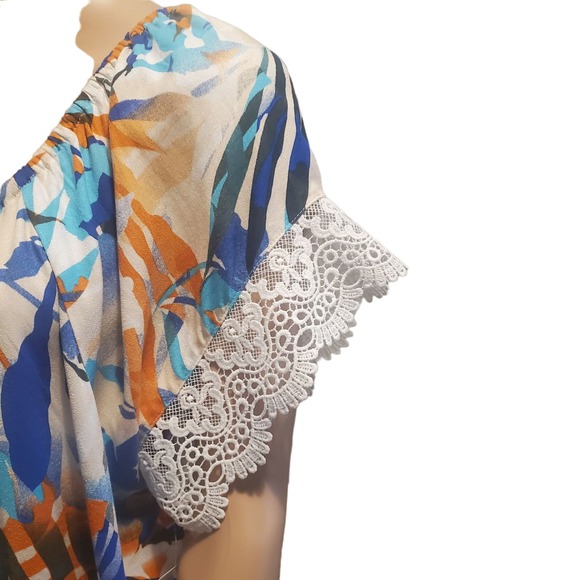NEW 89th & Madison Lace Sleeve Blue Orange Floral Tie Back Elastic Neck Top - Picture 3 of 10